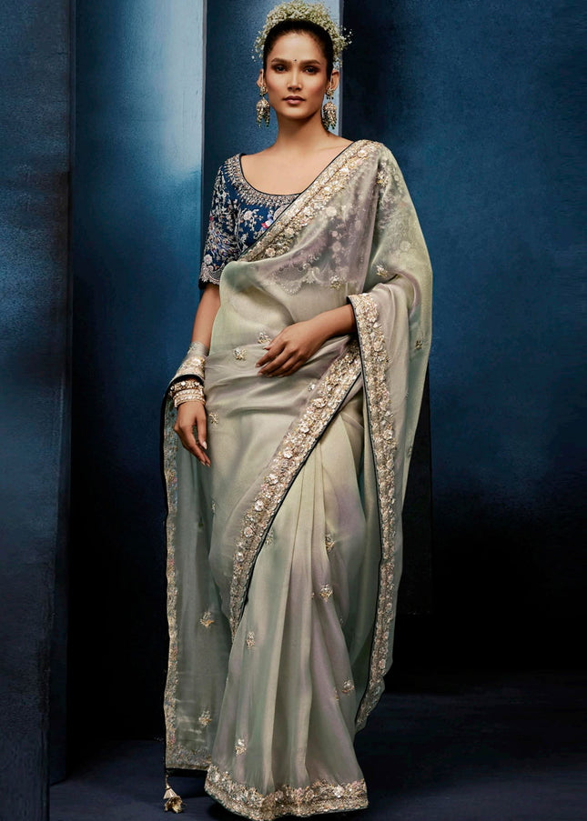Grey and Blue Embroidered Festive Saree
