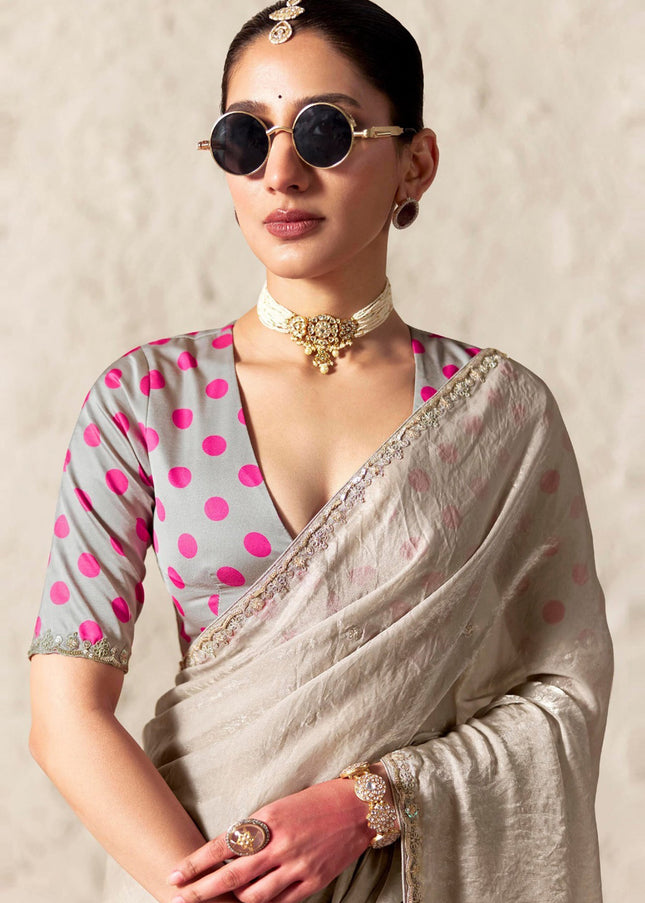 Grey Printed and Embroidered Festive Saree