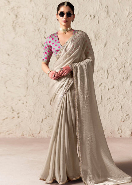 Grey Printed and Embroidered Festive Saree