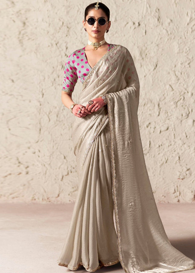 Grey Printed and Embroidered Festive Saree
