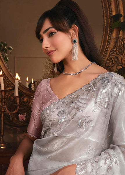 Grey Embroidered Festive Saree