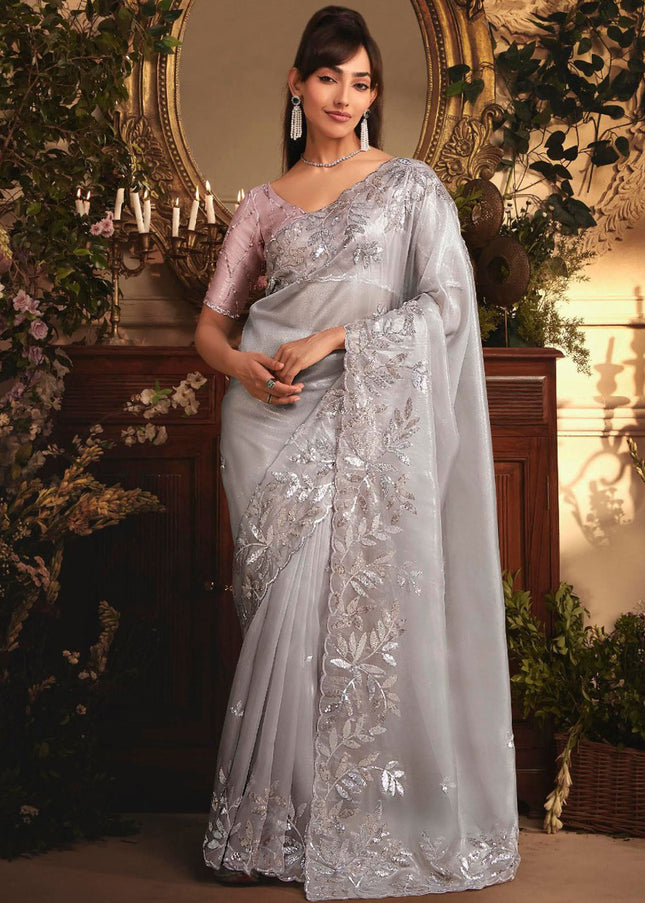 Grey Embroidered Festive Saree