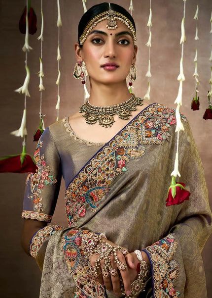 Grey Embroidered Wedding Saree