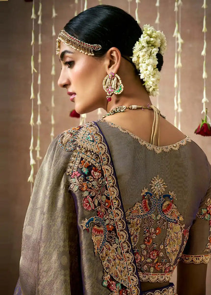 Grey Embroidered Wedding Saree