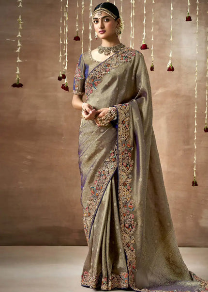 Grey Embroidered Wedding Saree
