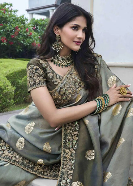 Grey Embroidered Wedding Saree