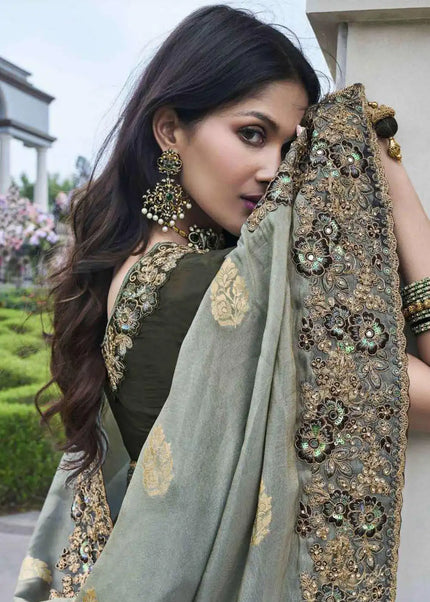 Grey Embroidered Wedding Saree