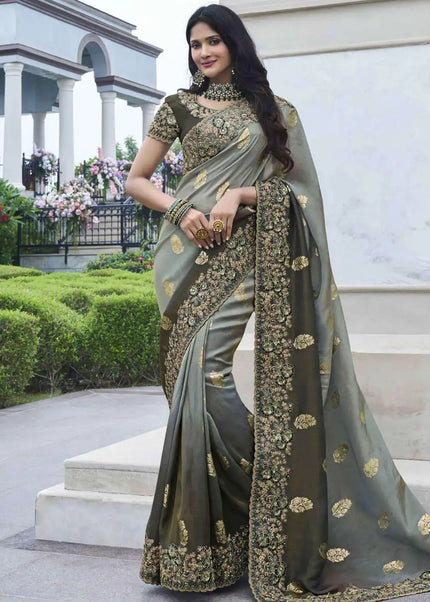 Grey Embroidered Wedding Saree