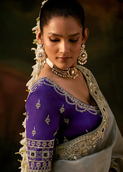 Grey and Purple Embroidered Festive Saree