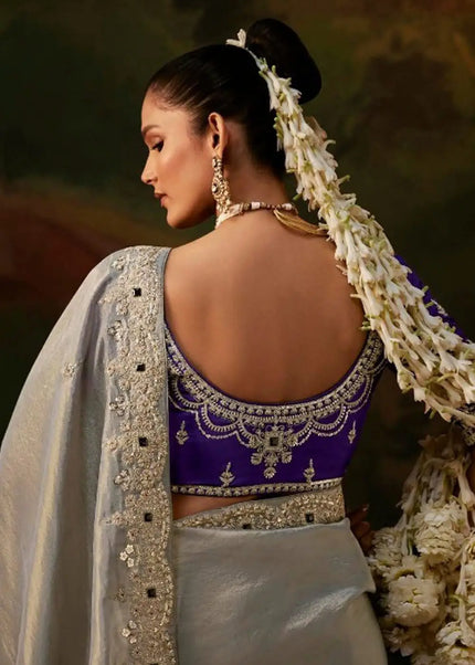 Grey and Purple Embroidered Festive Saree