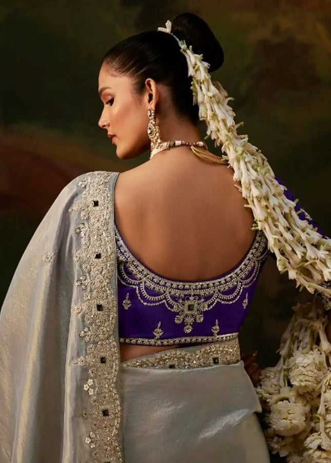 Grey and Purple Embroidered Festive Saree