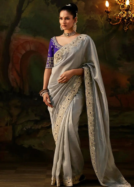 Grey and Purple Embroidered Festive Saree