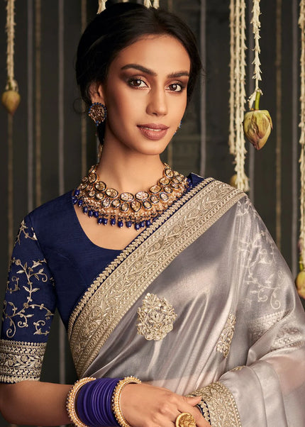 Grey and Violet Embroidered Wedding Saree