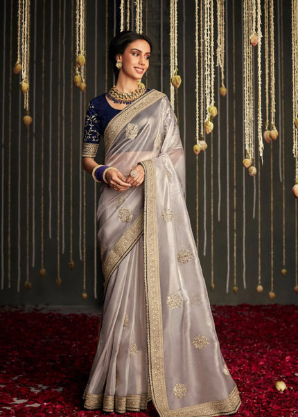 Grey and Violet Embroidered Wedding Saree