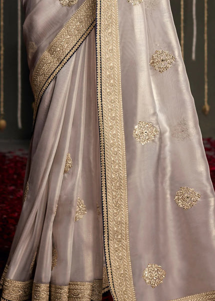 Grey and Violet Embroidered Wedding Saree