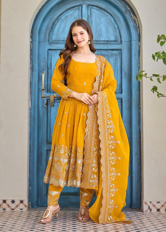 Yellow Embroidered Pant Style Suit