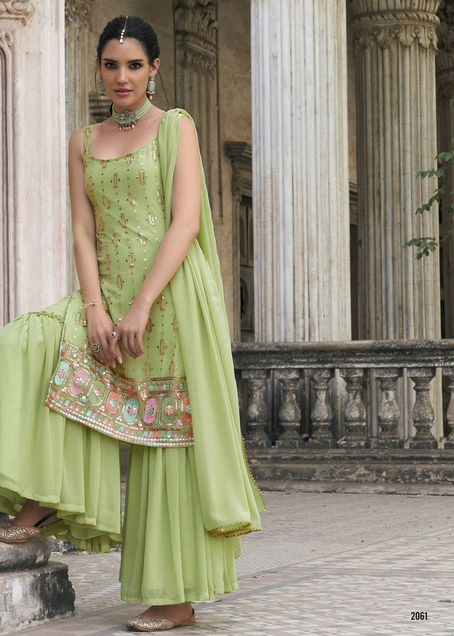 Green Embroidered Gharara  Suit