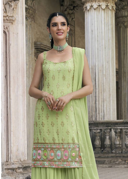 Green Embroidered Gharara  Suit