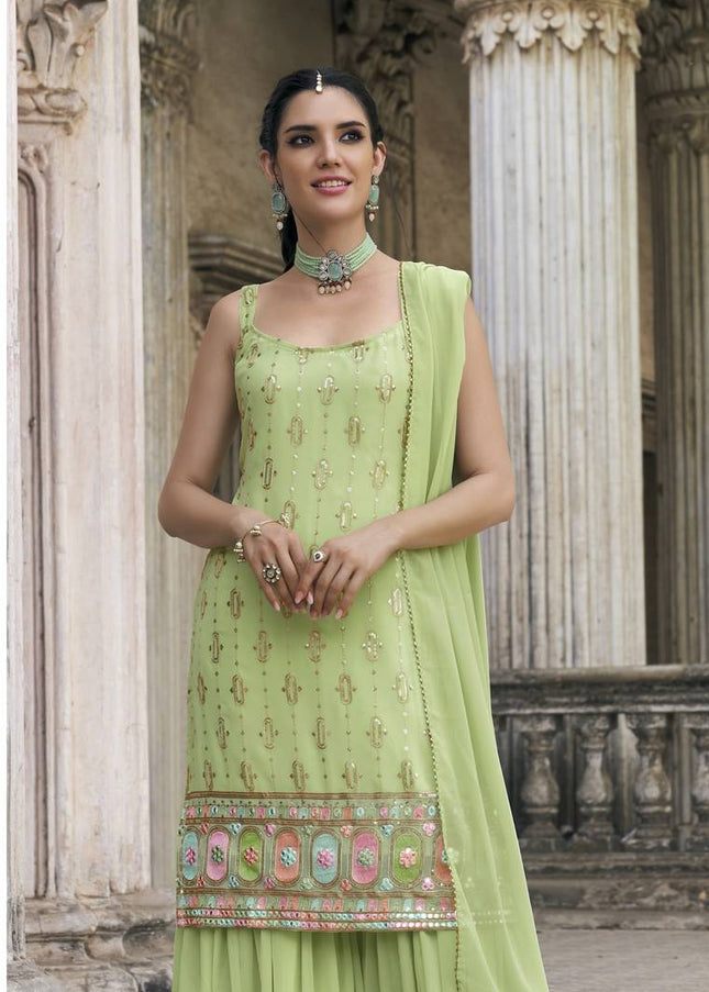 Green Embroidered Gharara  Suit