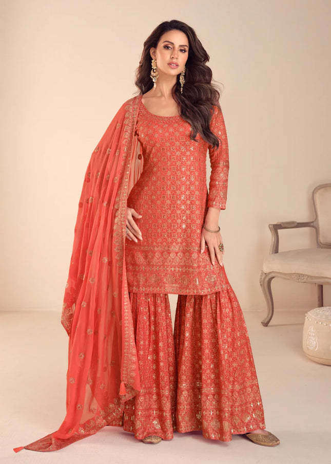 Orange Embroidered Gharara Suit