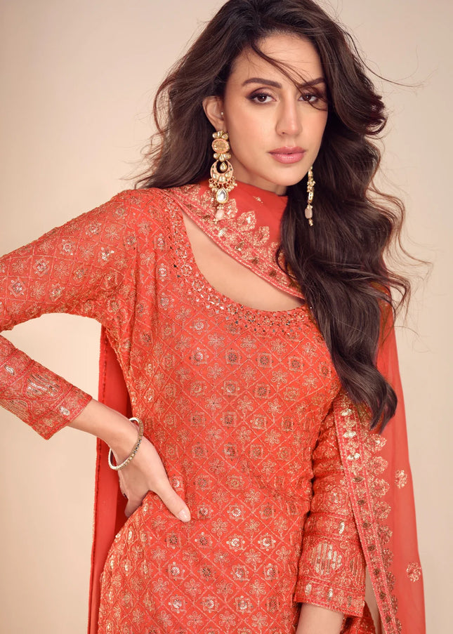 Orange Embroidered Gharara Suit