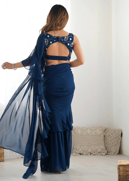 Teal Embroidered Sharara Saree