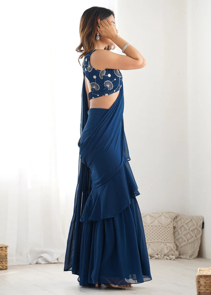 Teal Embroidered Sharara Saree