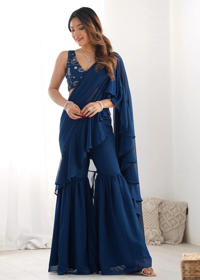 Teal Embroidered Sharara Saree