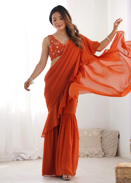 Orange Embroidered Sharara Saree