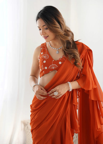 Orange Embroidered Sharara Saree