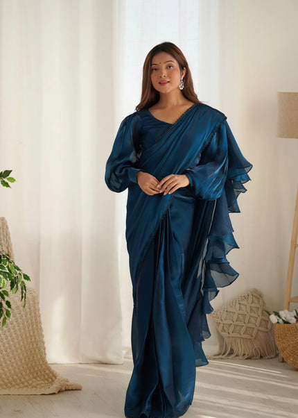 Teal Blue Ruffle Pre-Draped Saree