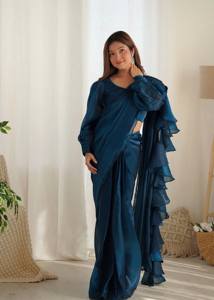 Teal Blue Ruffle Pre-Draped Saree