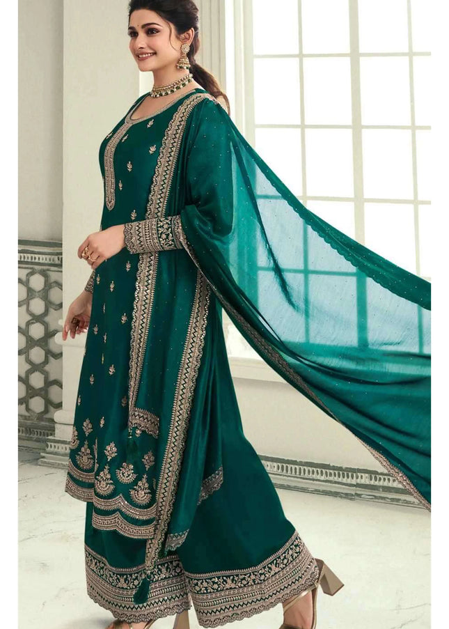 Green Embroidered Palazzo Suit
