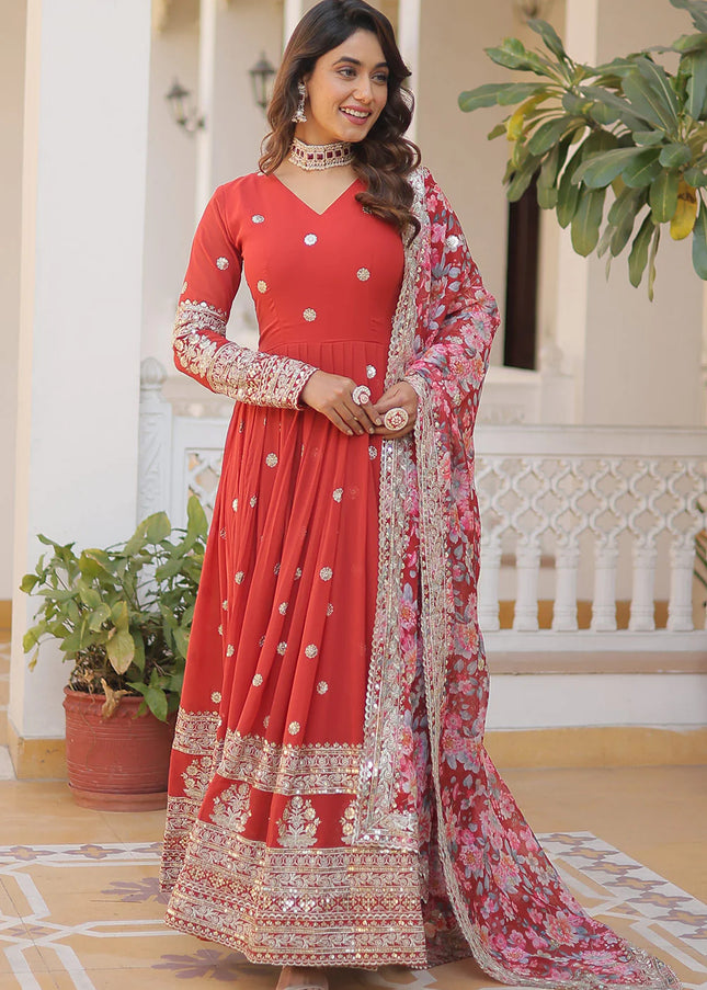Red Embroidered Anarkali Gown