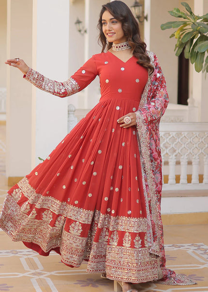 Red Embroidered Anarkali Gown