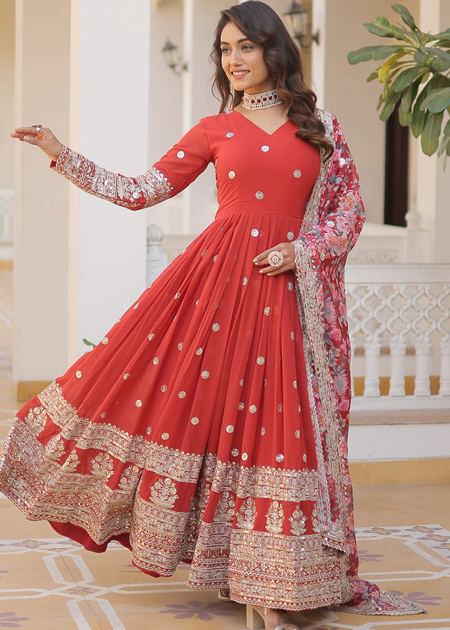 Red Embroidered Anarkali Gown