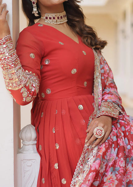 Red Embroidered Anarkali Gown