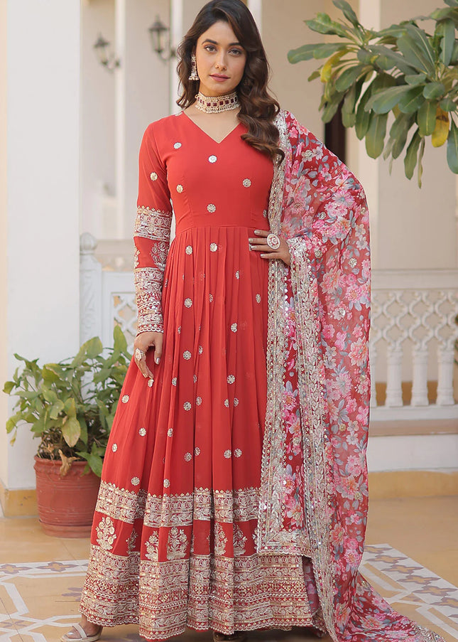 Red Embroidered Anarkali Gown