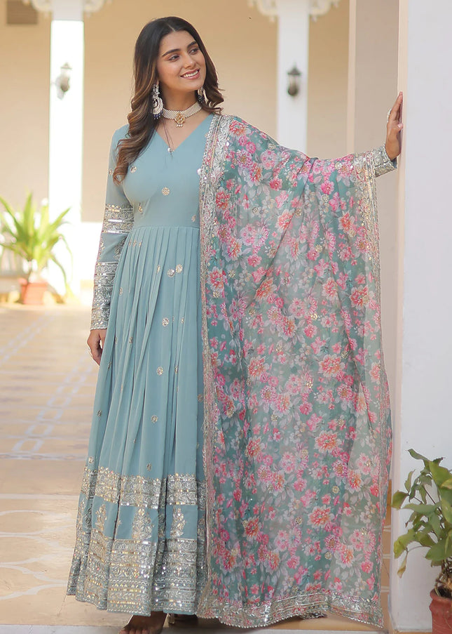 Blue Embroidered Anarkali Gown