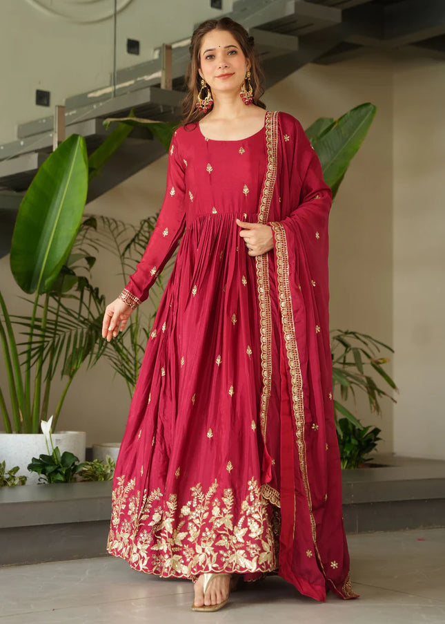 Maroon Embroidered Anarkali Gown