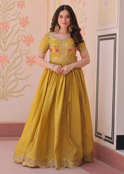 Mustard Yellow Embroidered Anarkali Gown