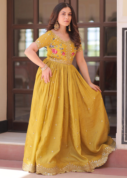 Mustard Yellow Embroidered Anarkali Gown