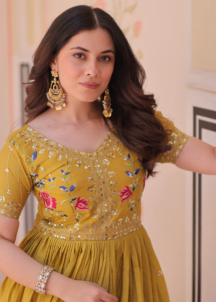 Mustard Yellow Embroidered Anarkali Gown