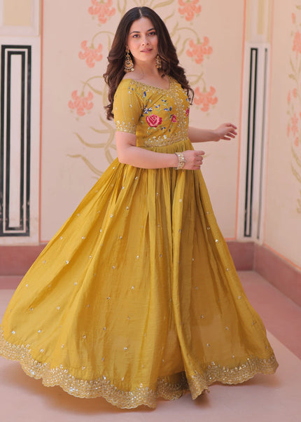 Mustard Yellow Embroidered Anarkali Gown