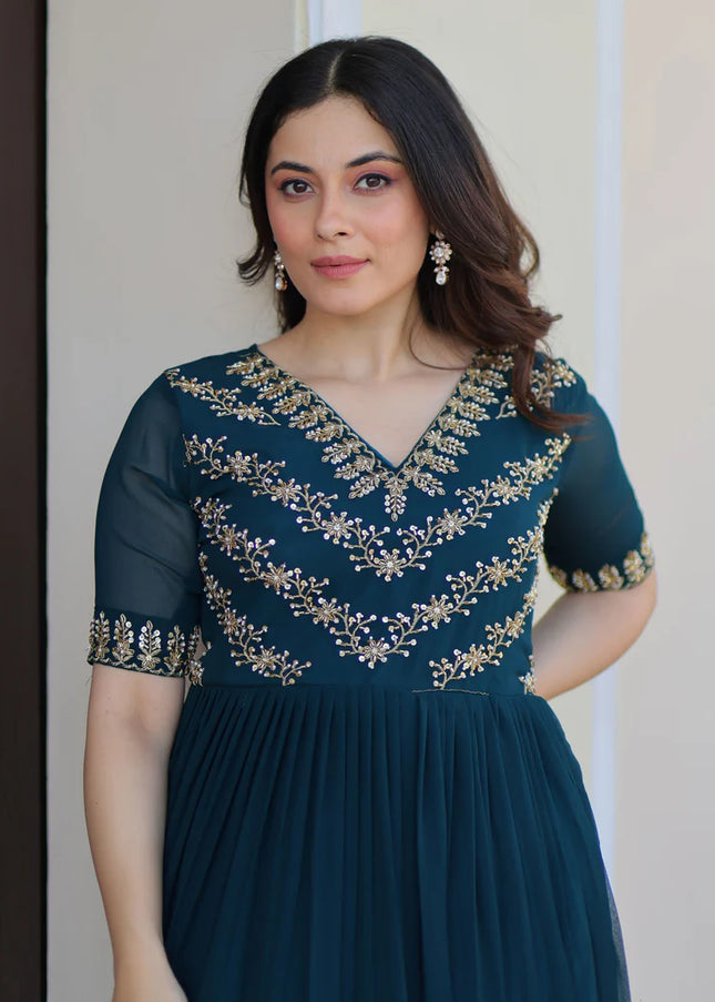 Teal Embroidered Anarkali Gown