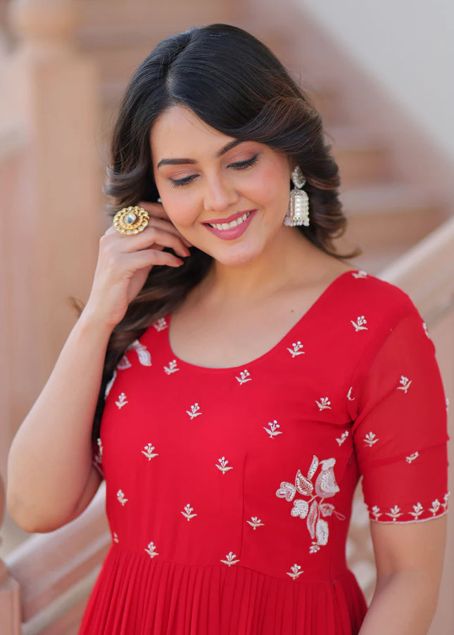 Red Embroidered Anarkali Gown