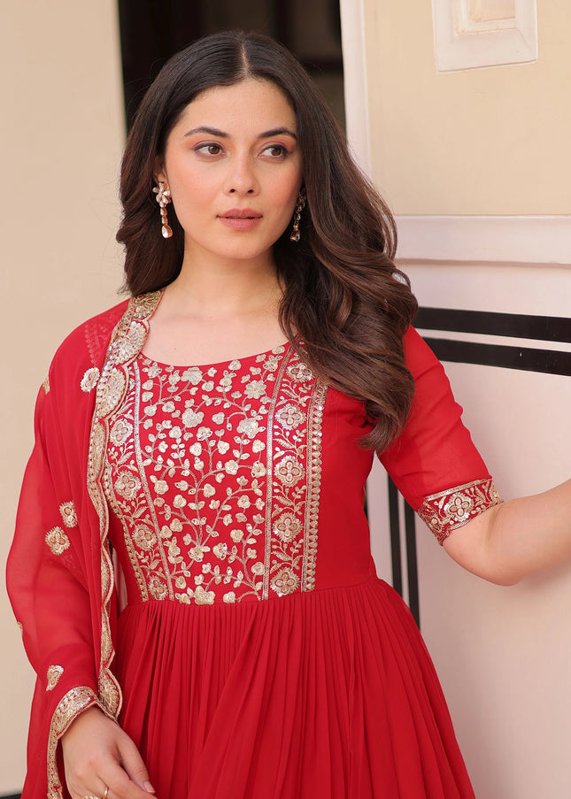 Red Embroidered Anarkali Gown