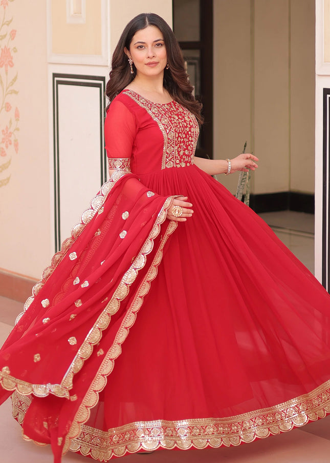 Red Embroidered Anarkali Gown