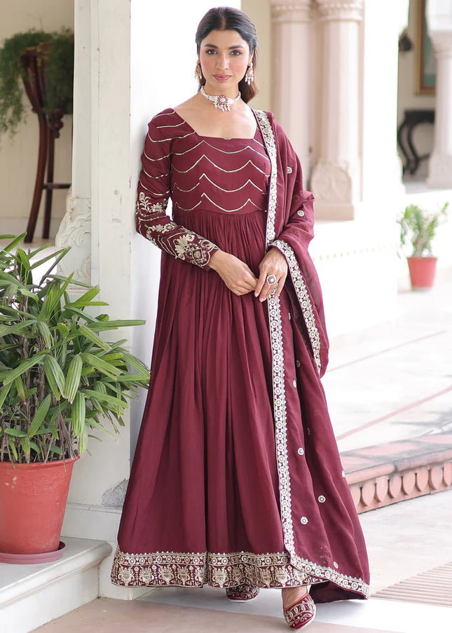Maroon Embroidered Anarkali Gown