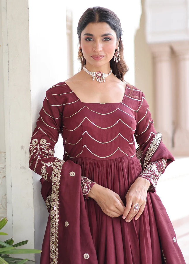 Maroon Embroidered Anarkali Gown
